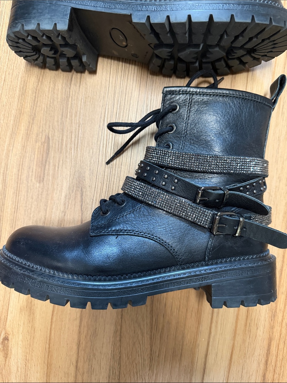 Steve Madden Black Lace-Up Combat Boots with Studded Strap Detail
